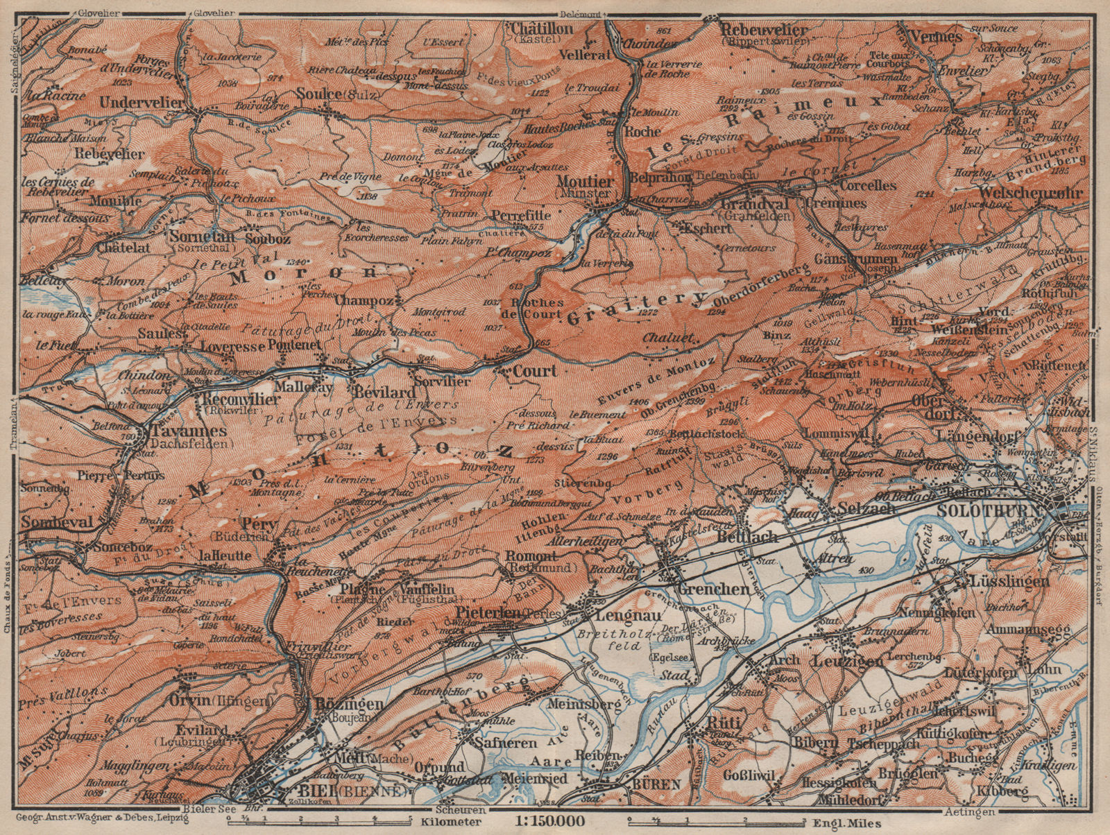 BERNESE JURA. Solothurn Biel/Bienne Rebeuvelier Tavannes. Topo-map 1913